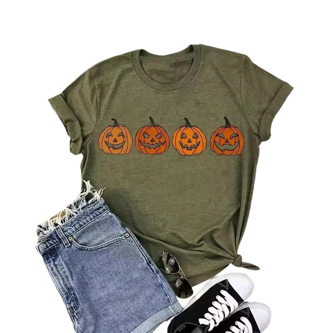 Camiseta de algodón con estampado de calabaza de Halloween para mujer