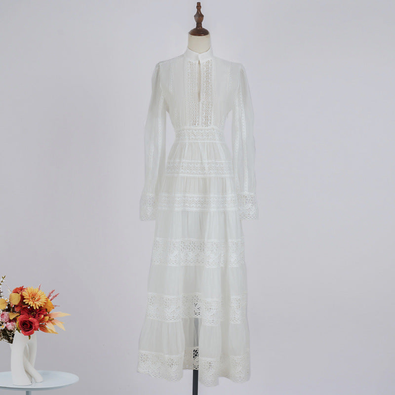 Stand Collar Stitching Lace Hollow Button Maxi Dress
