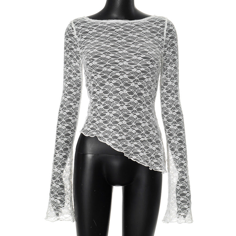 Women Fashion Sexy Solid Color Irregular Lace T-Shirt