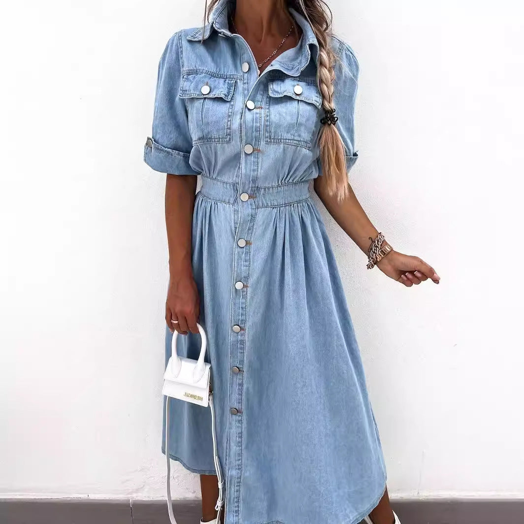 Vestido vaquero informal de manga corta con solapa para mujer