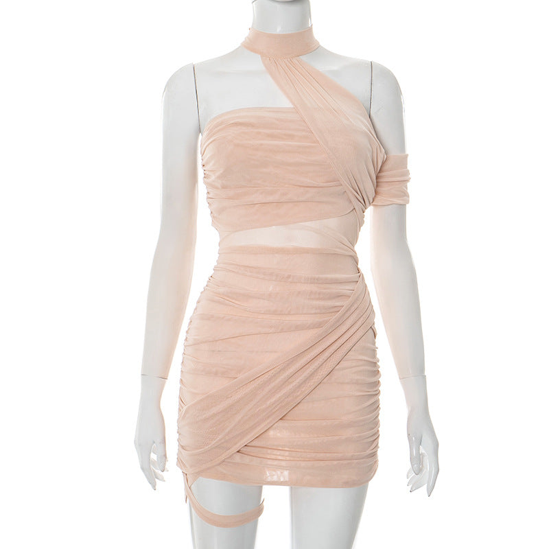 Robe sexy à col licou en maille de couleur unie irrégulière pour femme