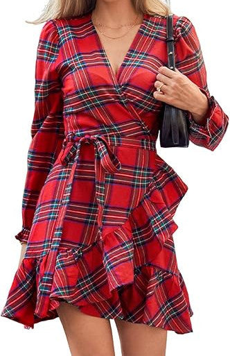 Vestido informal con cuello en V y estampado a cuadros para mujer