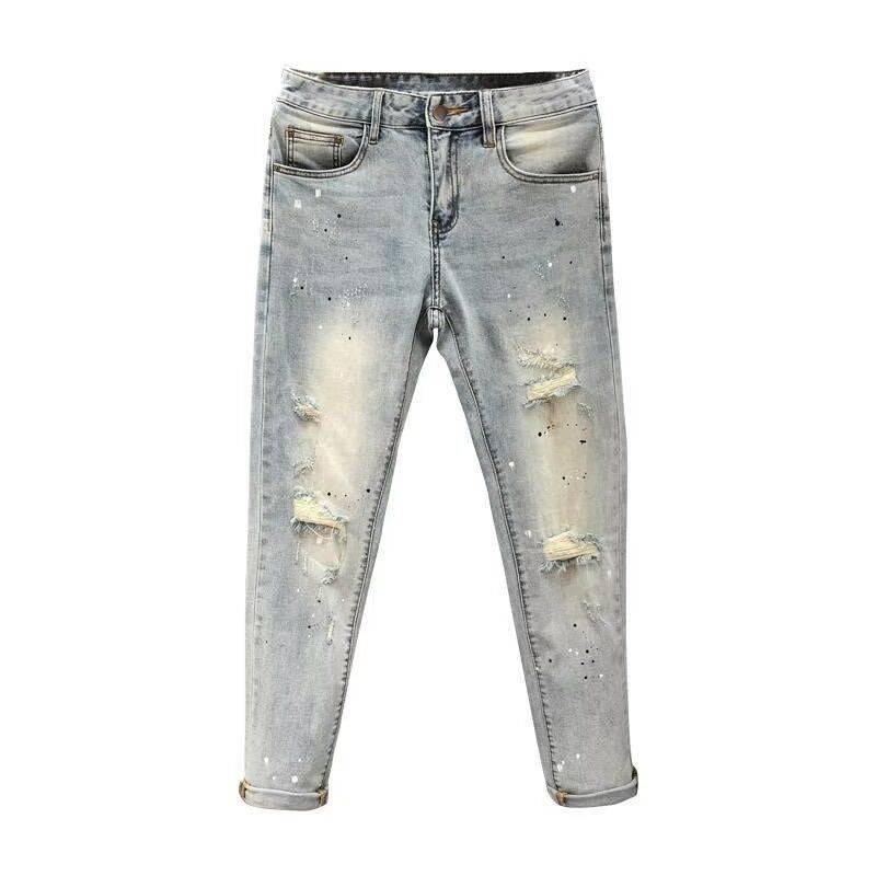 Vaqueros rasgados de talla grande, informales, de moda para hombre, con cintura alta y pierna recta