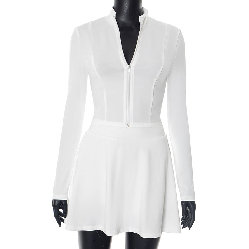 Women Fashion Long-Sleeve Zipper Top and Tight Skirt Set