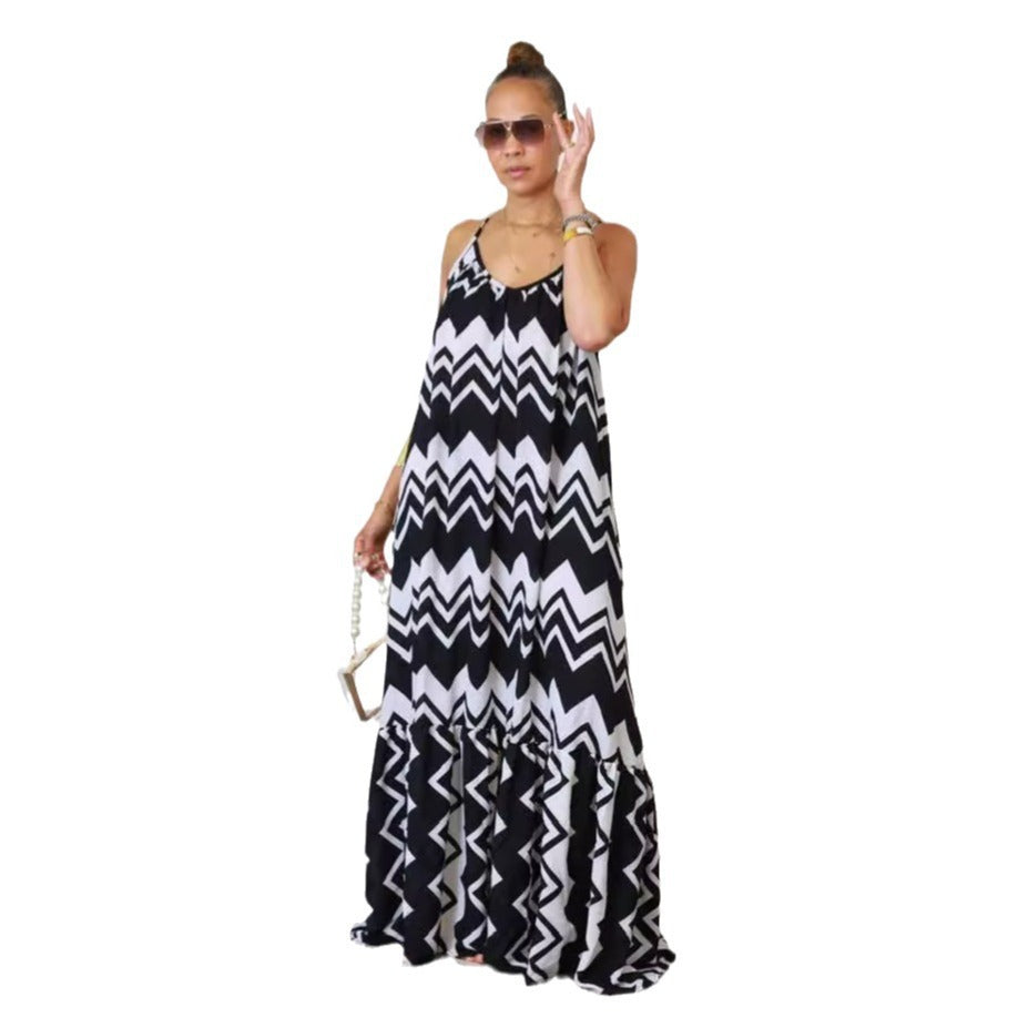 Women Fashion Casual Plus Size Printed Spaghetti Strap Backless Dress