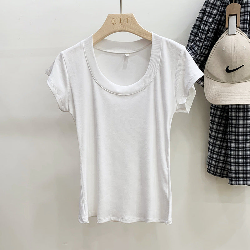 Camiseta sencilla de manga corta con cuello en U y hilo de color liso para mujer