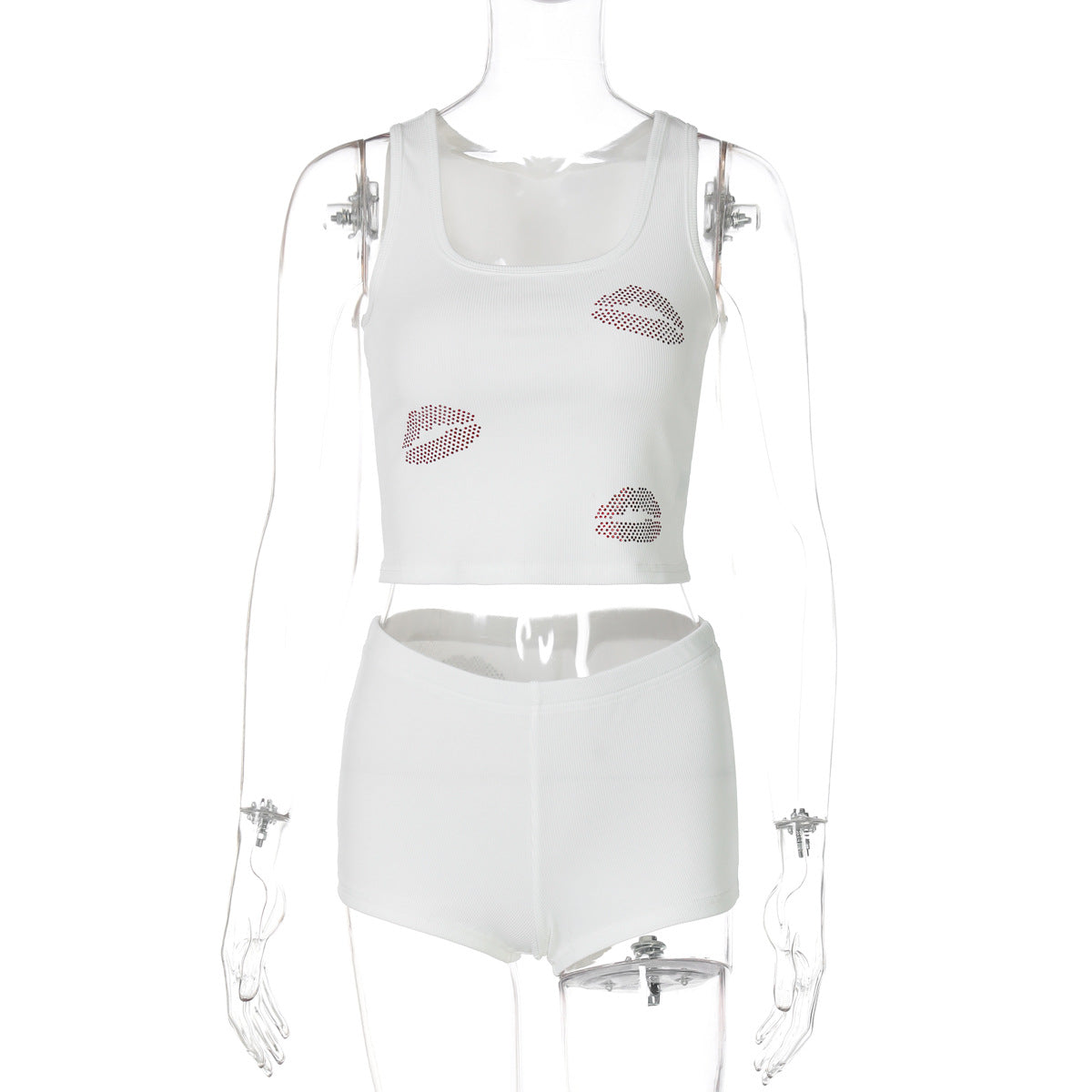Conjunto de dos piezas de camiseta sin mangas y pantalones cortos ajustados con estampado de labios y diamantes de imitación de color liso para mujer