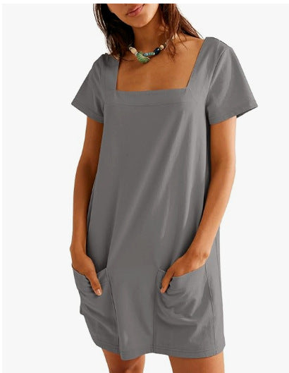 Women Fashion Casual Solid Color Square Neck Dress