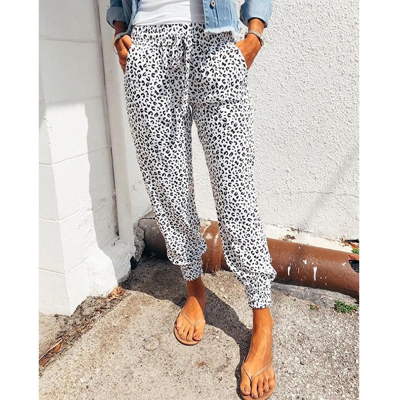 Women Fashion Casual Leopard Loose Lace-Up Pants