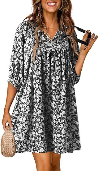 Women Fashion Casual Boho Floral Printed V-Neck Lantern Sleeve Dress