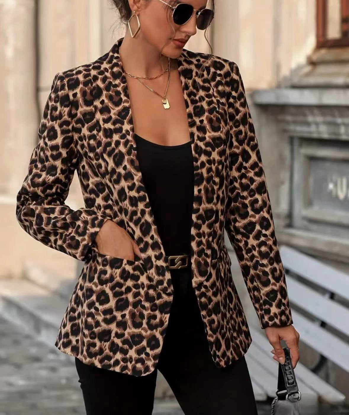 Manteau décontracté à manches longues en laine léopard pour femme