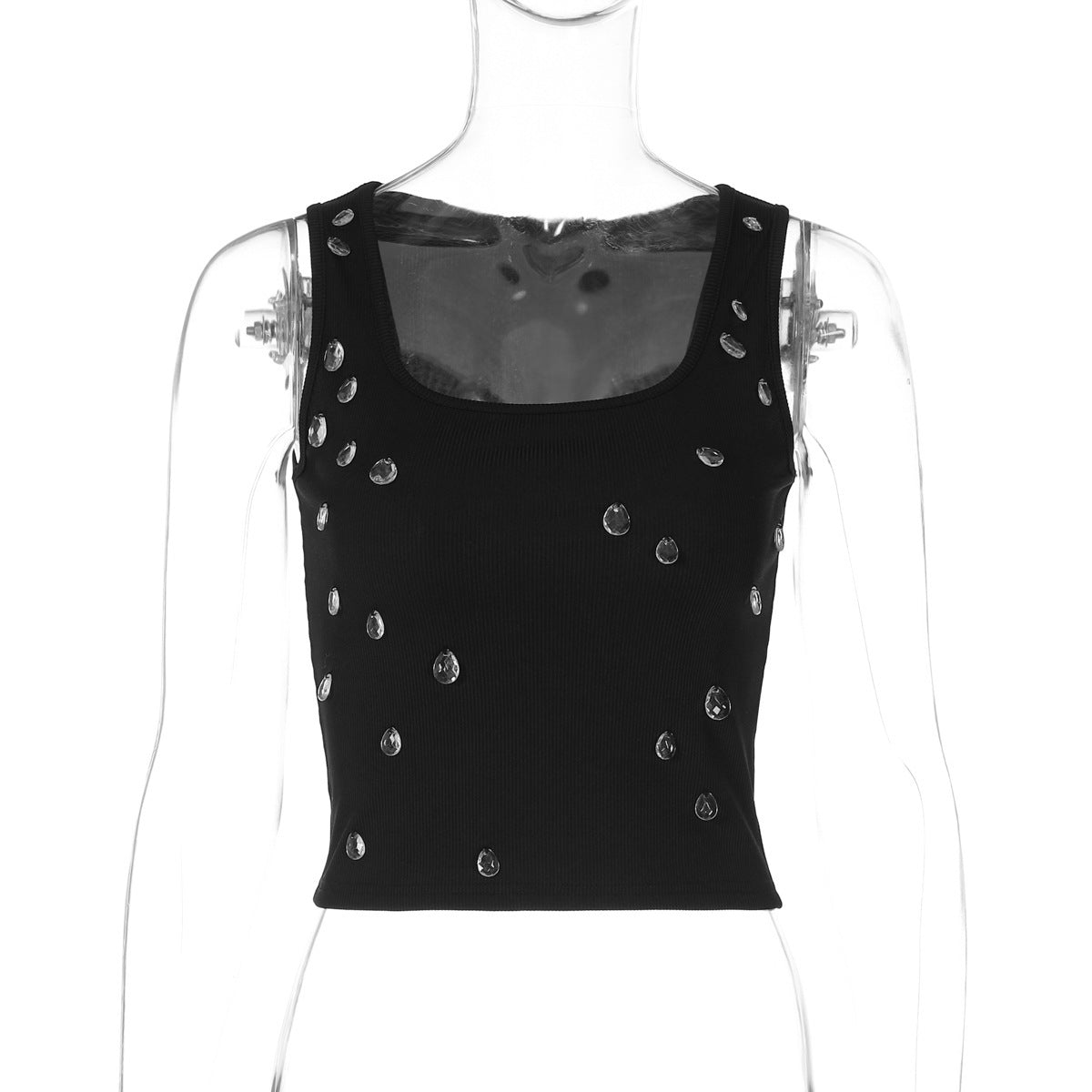 Camiseta sin mangas sexy con cuello en U y cuentas para mujer