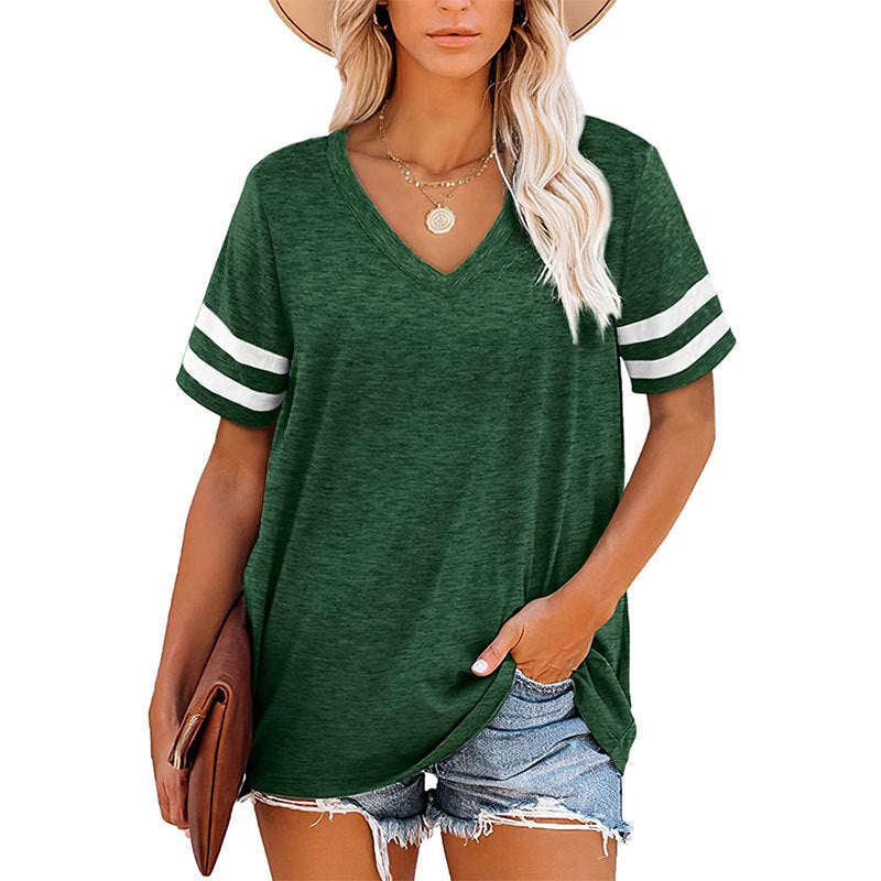 Camiseta de verano para mujer, sencilla, de rayas, con cuello en V y manga corta en blanco