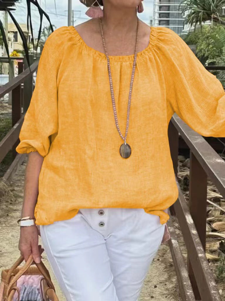 Top informal de lino y algodón con cuello redondo de color liso para mujer