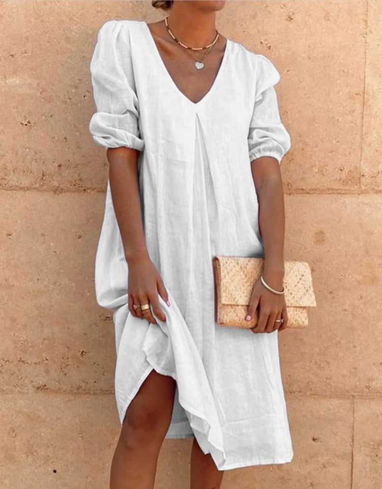 Women Casual Long Sleeve Cotton Linen Dress