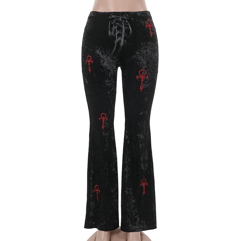 Women Fashion Casual Gothic Cross Embroidered Pants