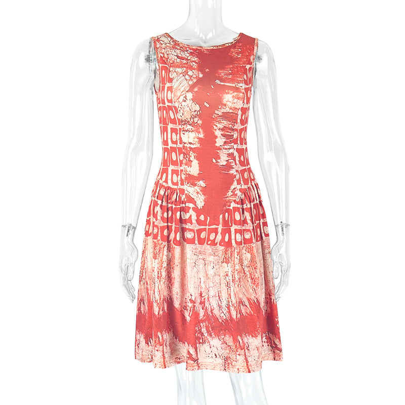 Robe sans manches à col rond imprimée à la mode pour femmes