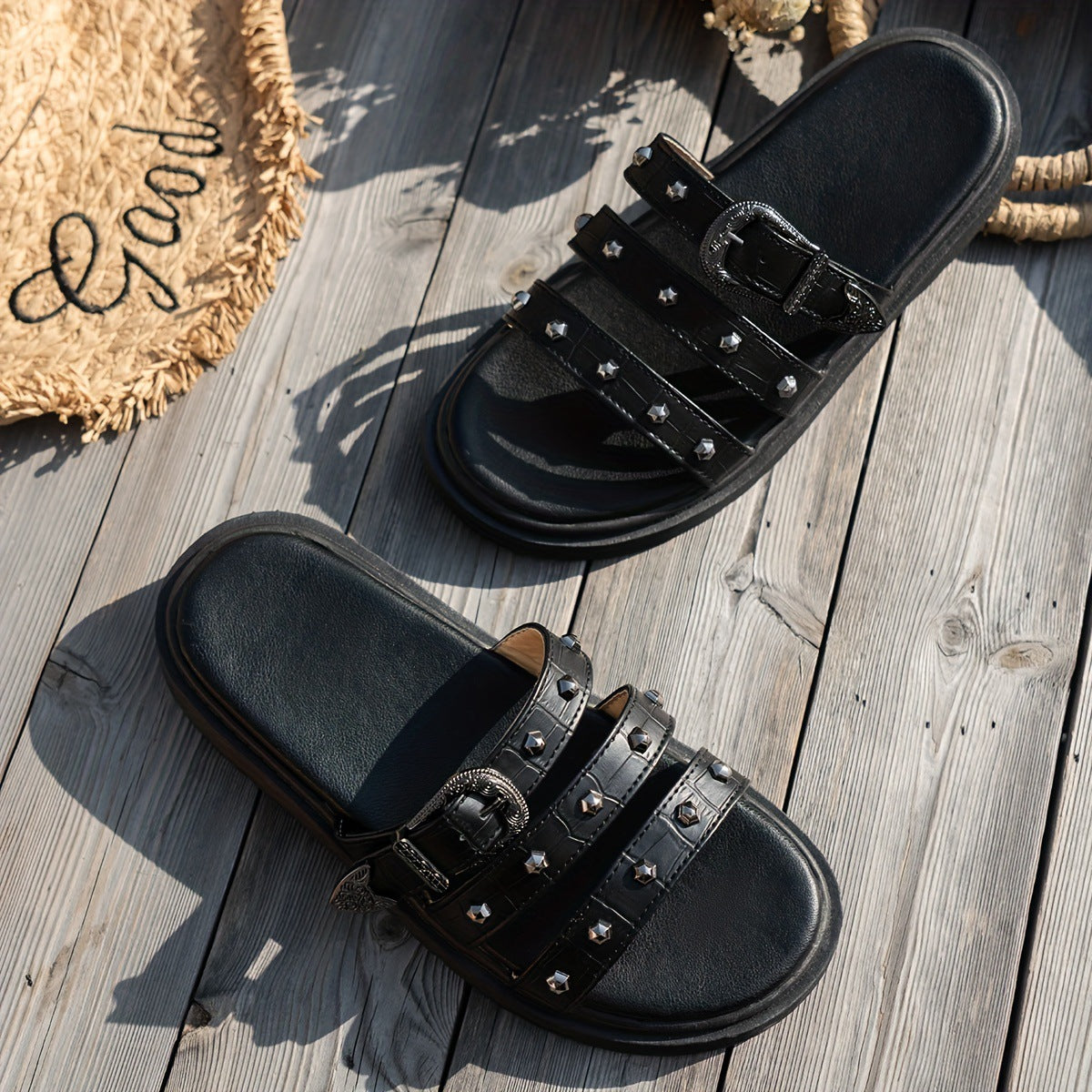 Women Casual Rivet Belt Buckle Thick Bottom Slippers