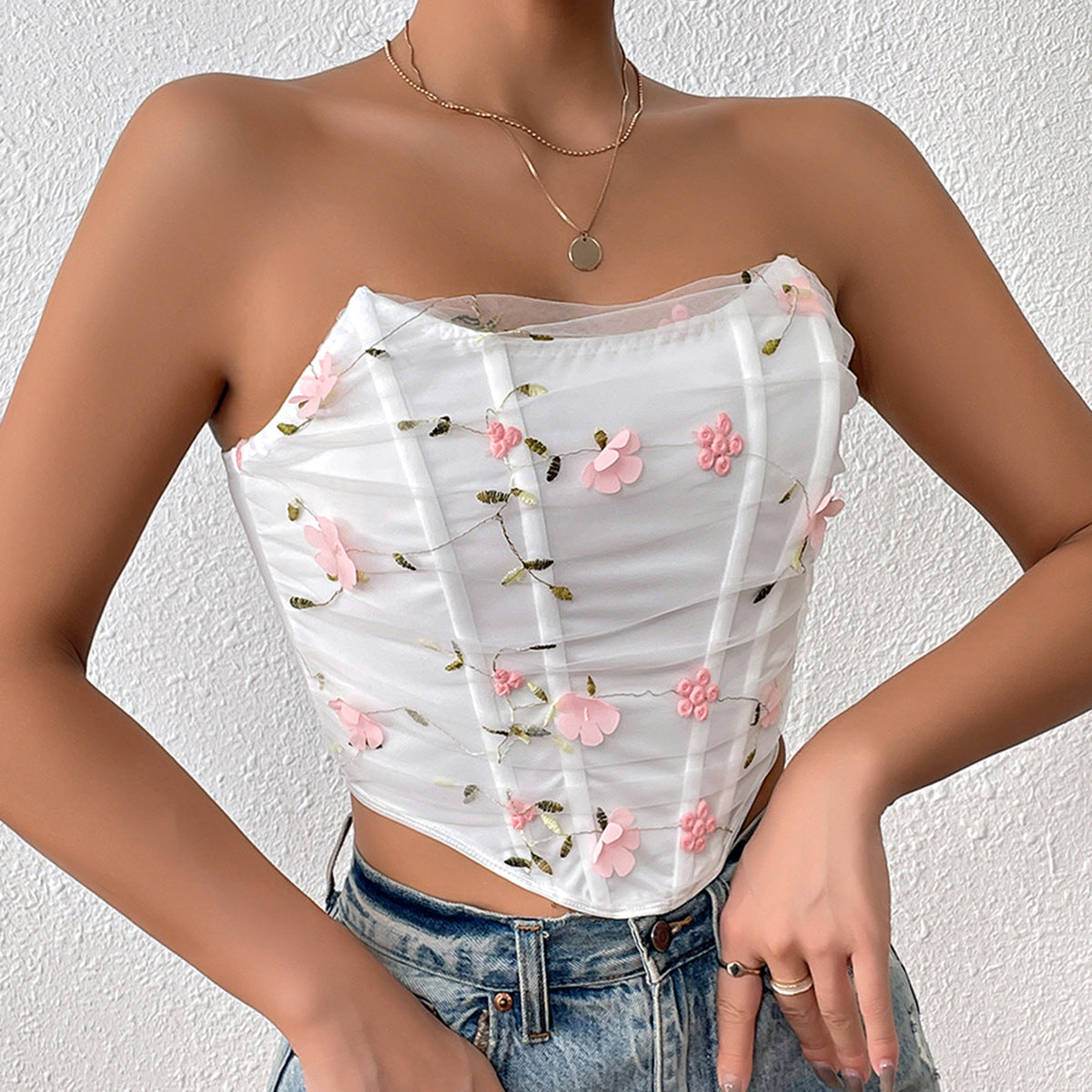 Women Fashion Sexy Floral Embroidered Fish Bone Tube Top