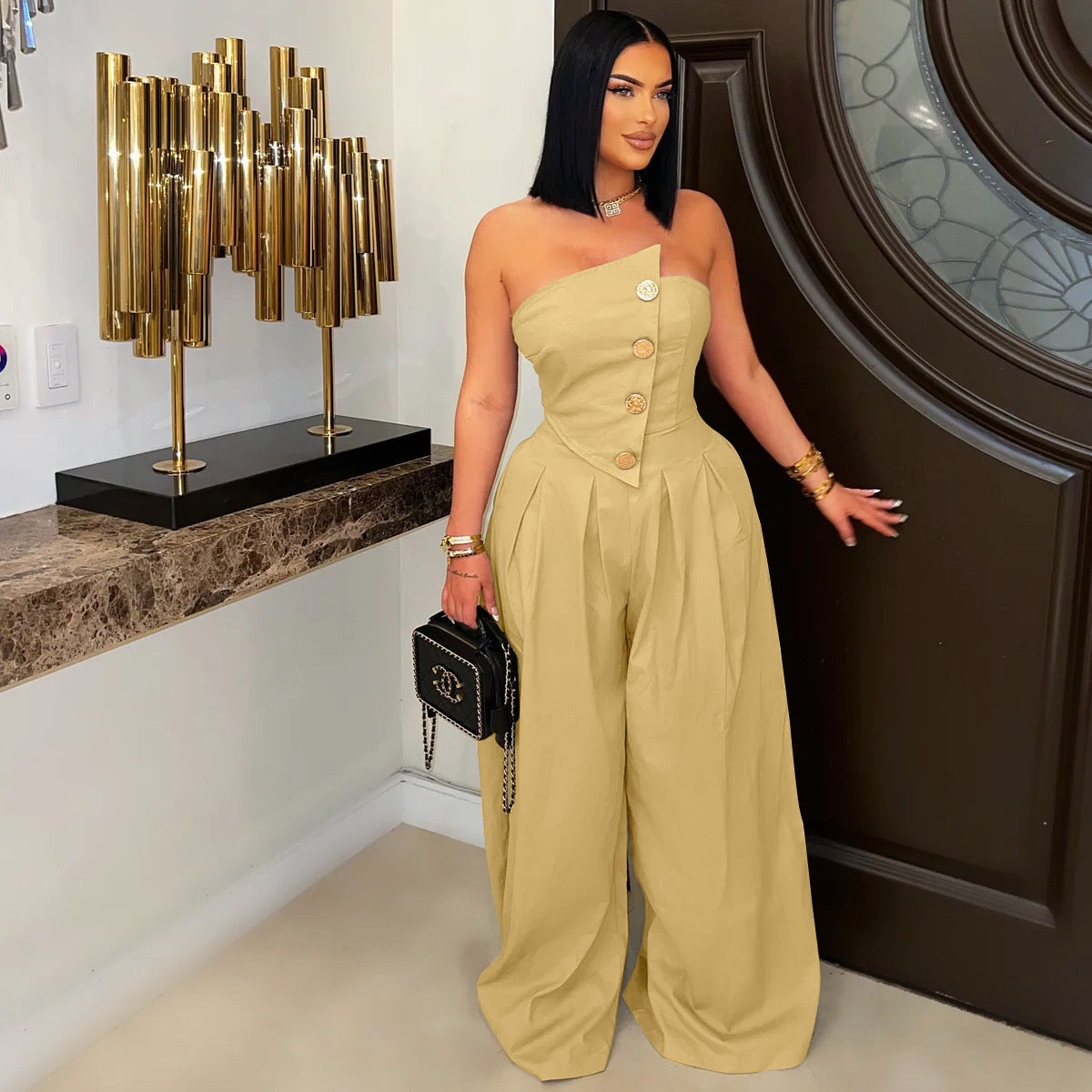 Women Fashion Solid Color Strapless Jumpsuits