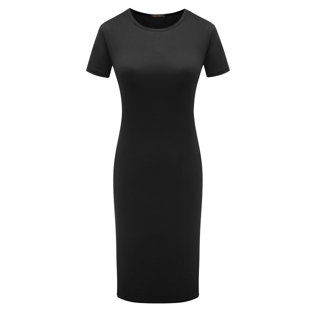 Women Short Sleeve Bodycon Dress with Solid Color Fabric