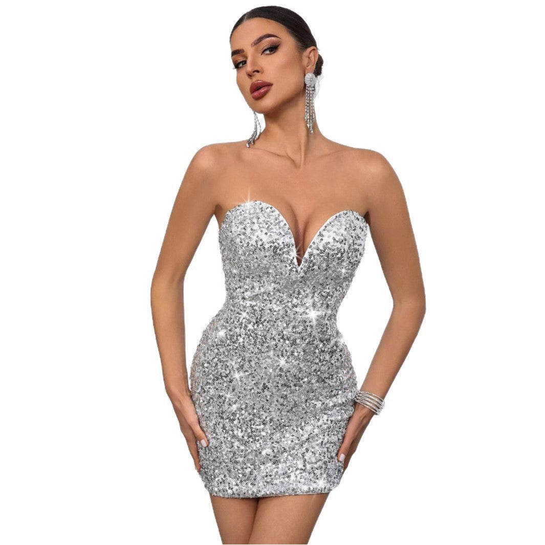 Women Sexy Sequin Strapless Party Dress Short Slim Fit Evening Gown