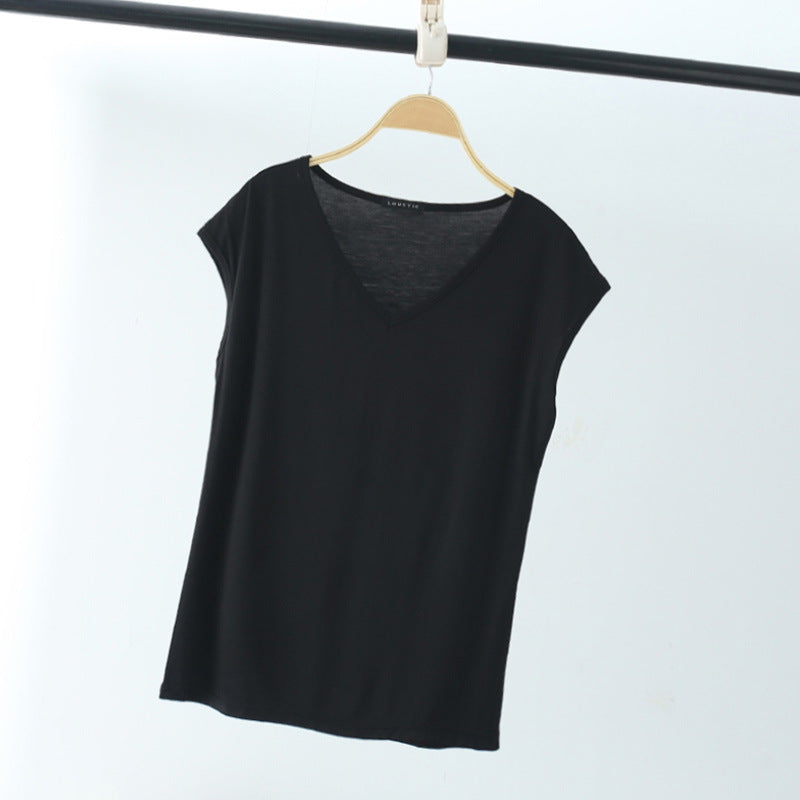 Camiseta informal de manga corta con cuello en V y color liso para mujer