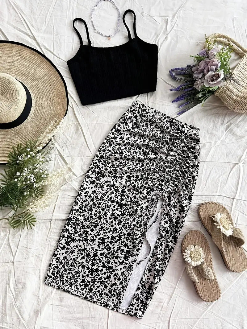 Falda de cintura alta con cordón y estampado floral para mujer - Estilo elegante de largo medio