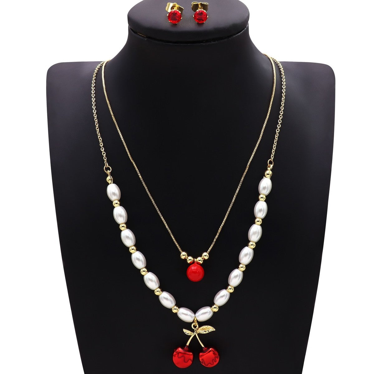 Conjunto de collar y pendientes de perlas de cerezo de doble capa para mujer - Joyería de lujo ligera