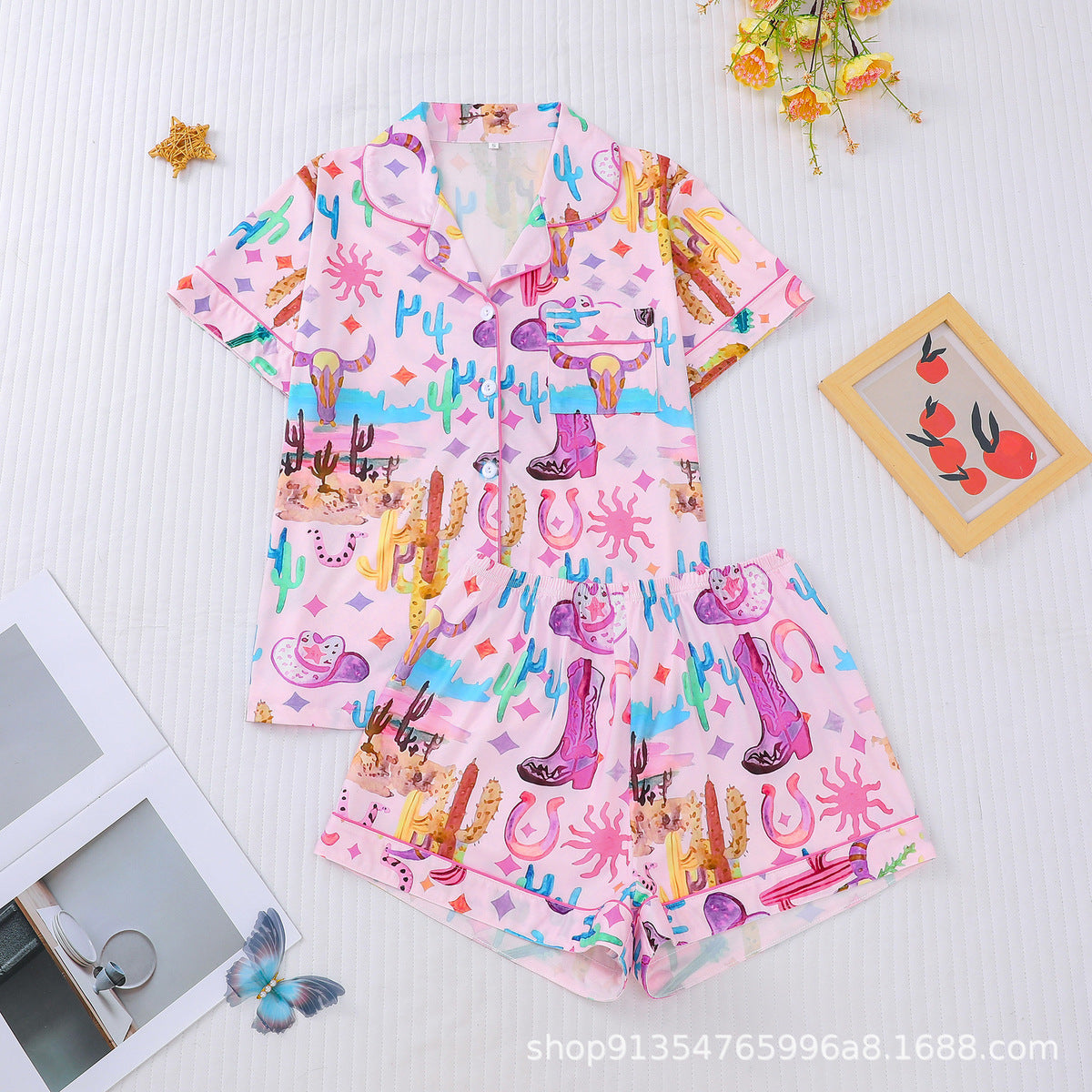 Women Multicolor Printed Lapel Loose Pajamas