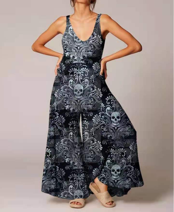 Combinaison vintage décontractée à imprimé tête de mort pour femme, style Halloween