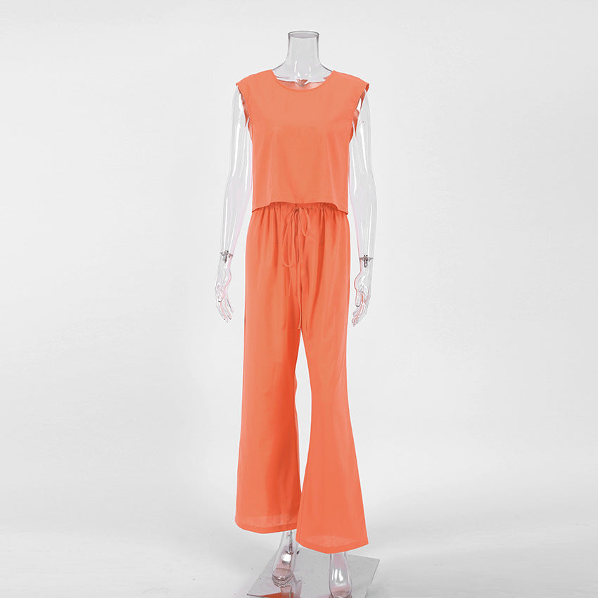 Women Fashion Solid Color Cotton Linen Two-Piece Set