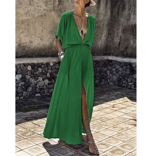 Robe ample décontractée à manches courtes et col en V profond pour femme, couleur unie