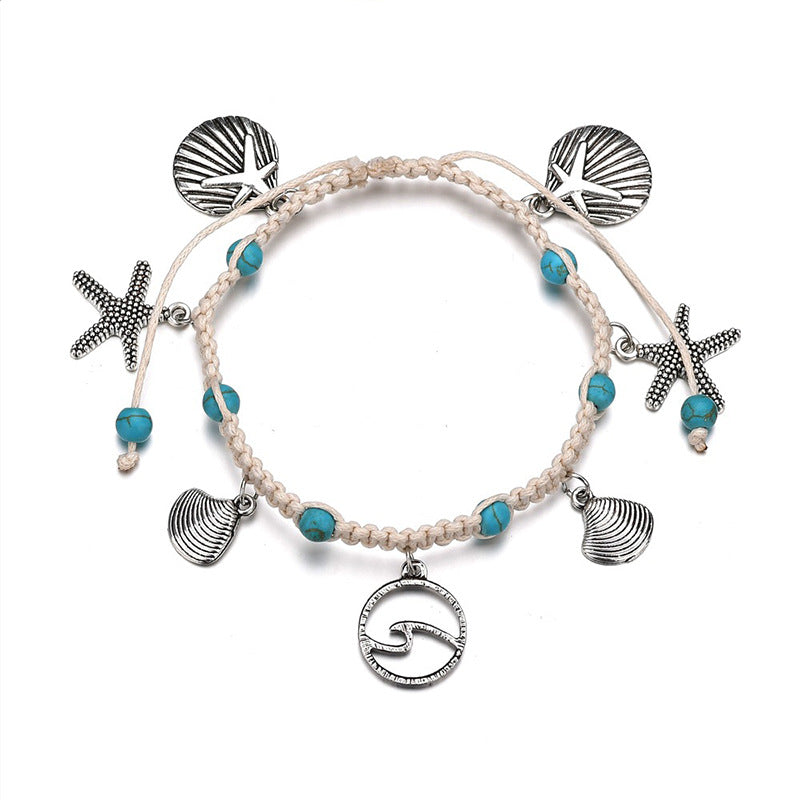 Tobillera bohemia de cuerda trenzada con conchas y estrellas de mar