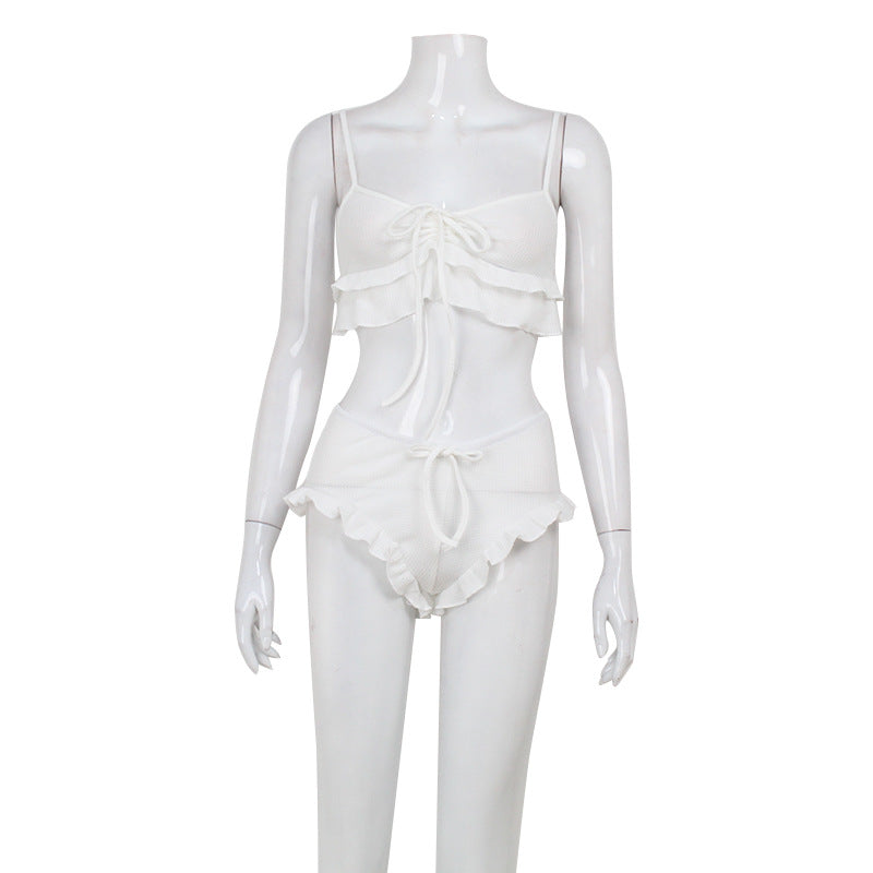 Women Fashion Sexy Solid Color Ruffled Camisole Set