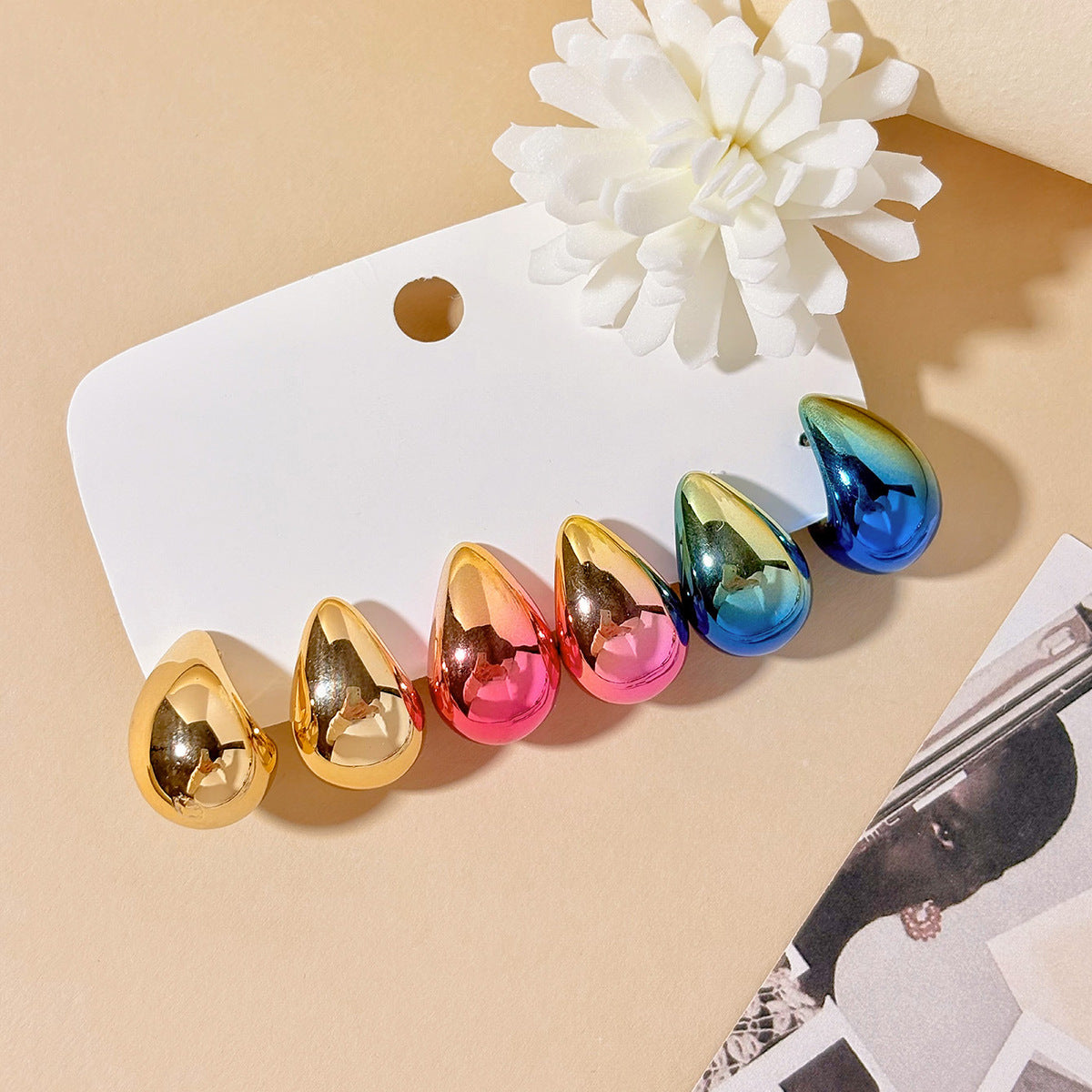 Women Fashion Solid Color Resin Water Drop Earrings 3-Pair Set