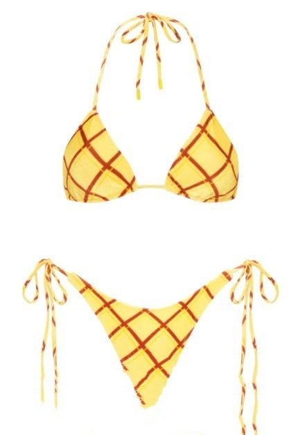 Maillot de bain bikini sexy à carreaux et col licou à lacets pour femmes