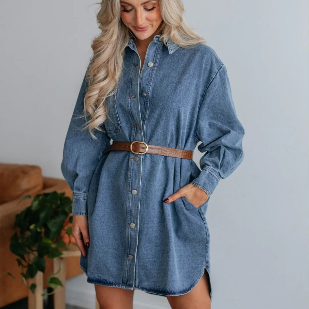 Vestido vaquero holgado informal de moda para mujer en azul