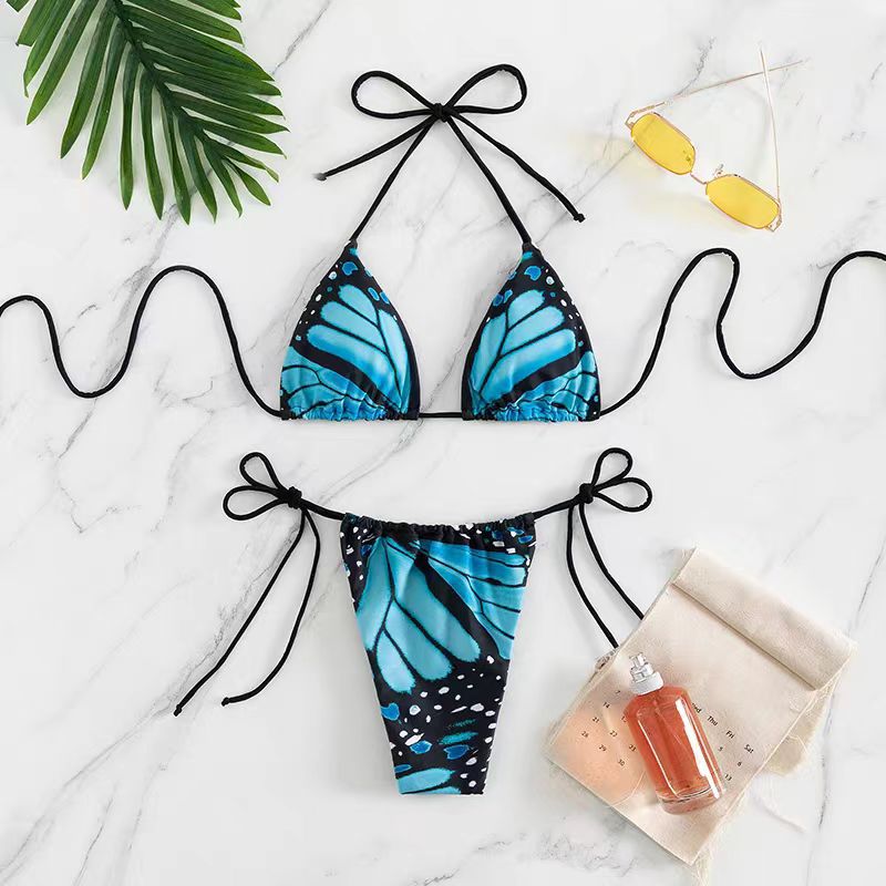 Bikini sexy con cuello halter y estampado de mariposas para mujer