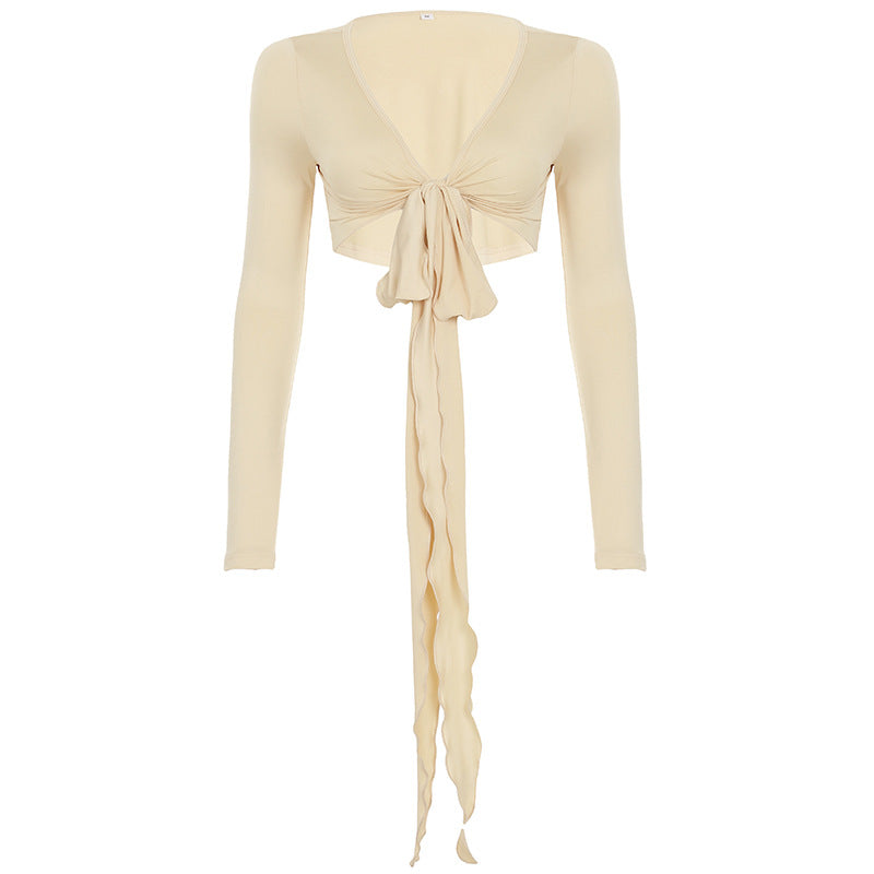 Haut court sexy à lacets et manches longues pour femme, coupe ajustée, col en V