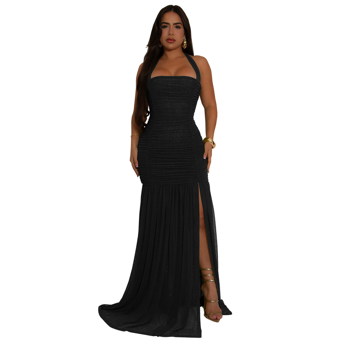 Robe élégante à dos nu plissée en maille de couleur unie pour femme