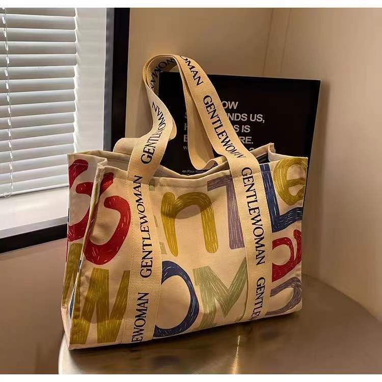 Women Casual Letter Printed Canvas Tote Bag