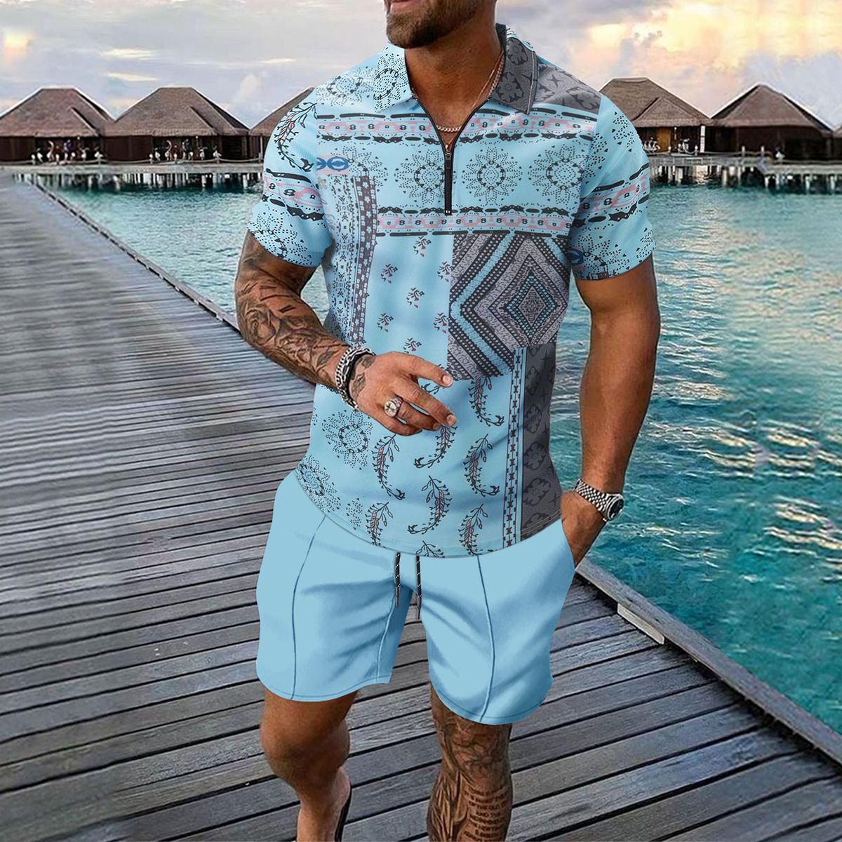 Conjunto de camiseta y pantalones cortos casuales de manga corta con estampado digital para hombre en mezcla de algodón