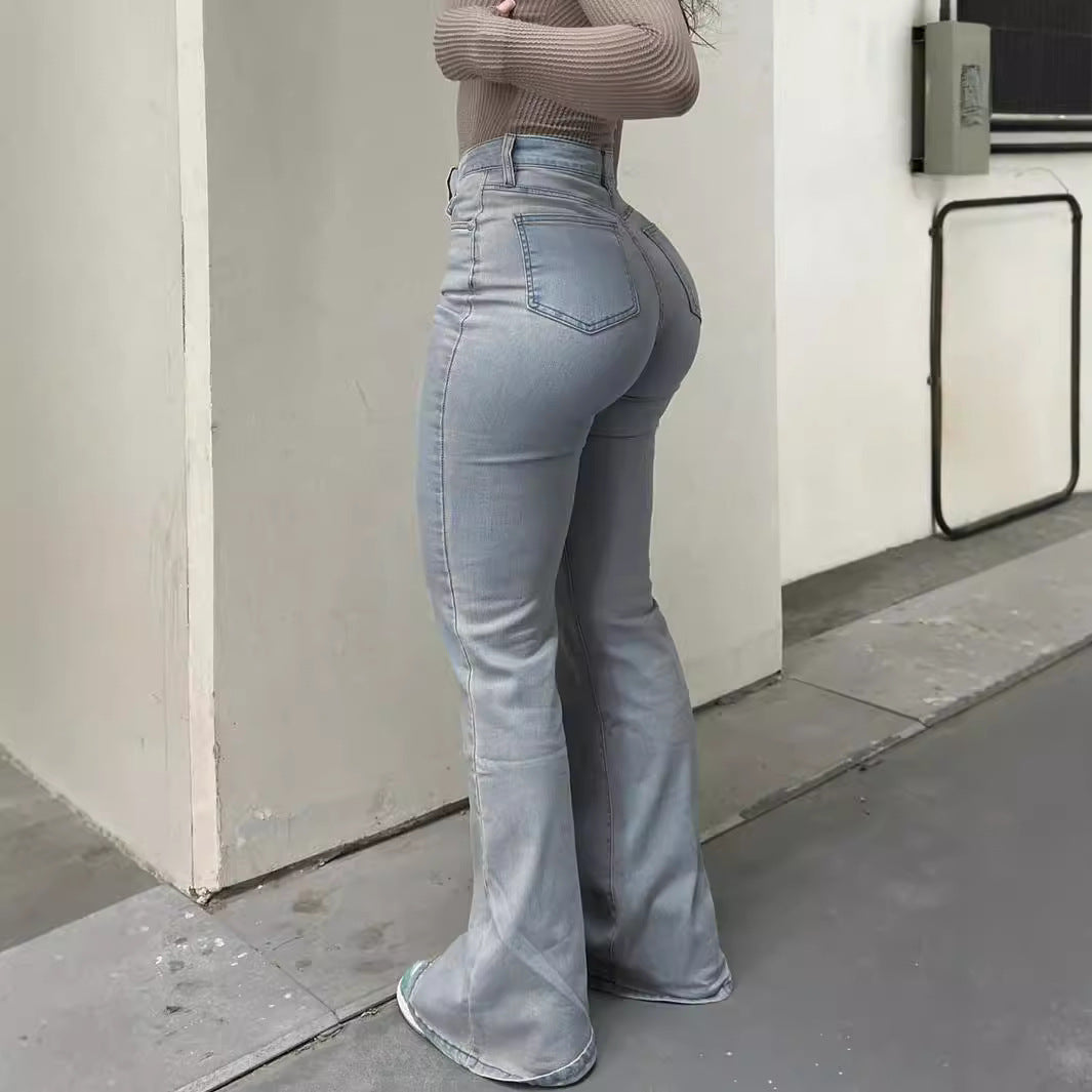 Women Casual High Waist Flare Cotton Jeans