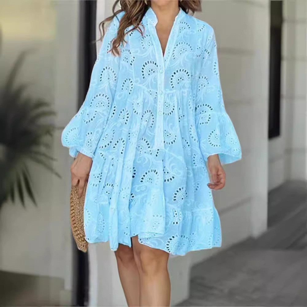 Women Fashion Elegant Solid Color V-Neck Cotton Dress