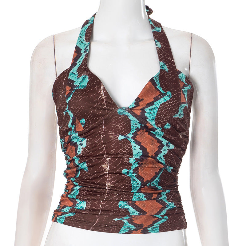 Women Fashion Sexy Printed Halter Neck Lace-Up Tank Top