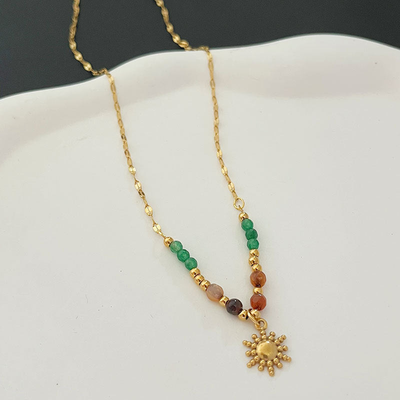 Women Fashion Retro Natural Stone Sun Pendant Necklace