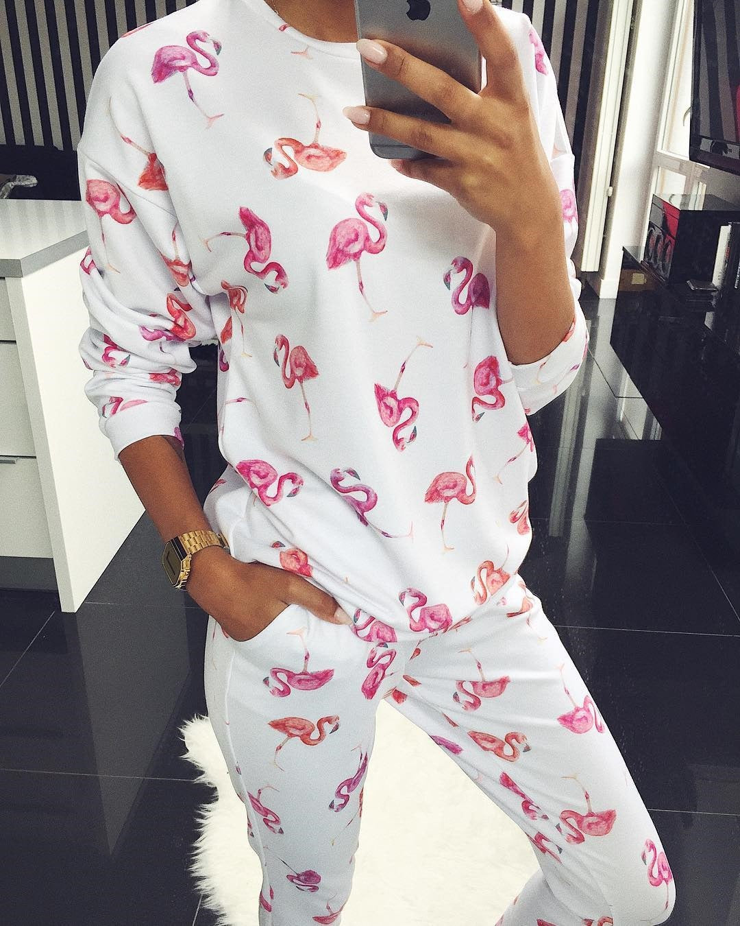 Women Casual Print Long-Sleeve Sweatshirt and Pants Set