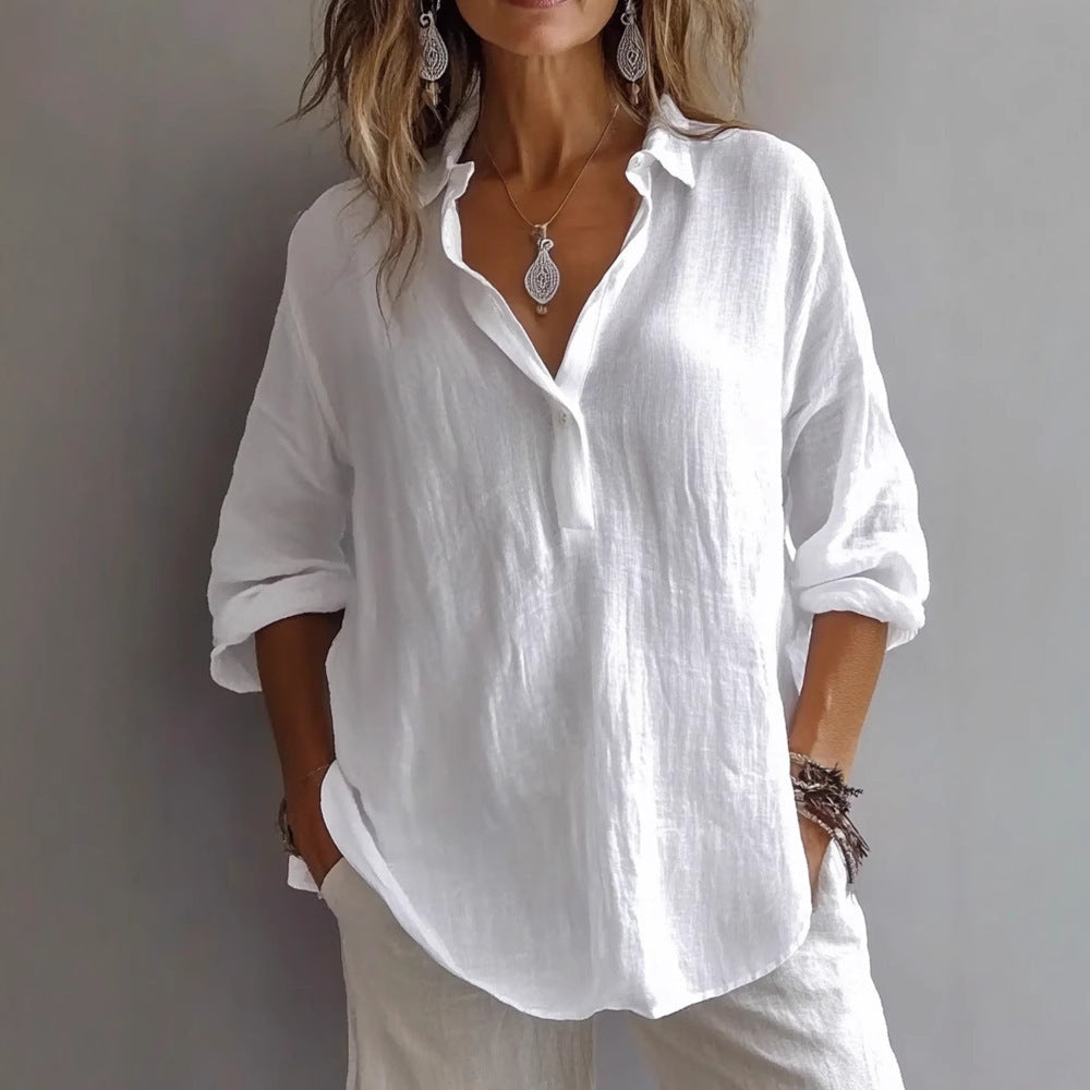 Chemisier à manches longues et col en V pour femme, couleur unie, coupe ample et décontractée, en coton et lin