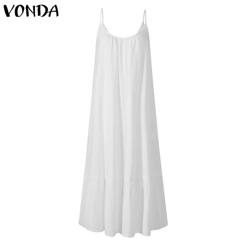 Vestido lencero holgado con volantes de color liso, estilo bohemio e informal para mujer
